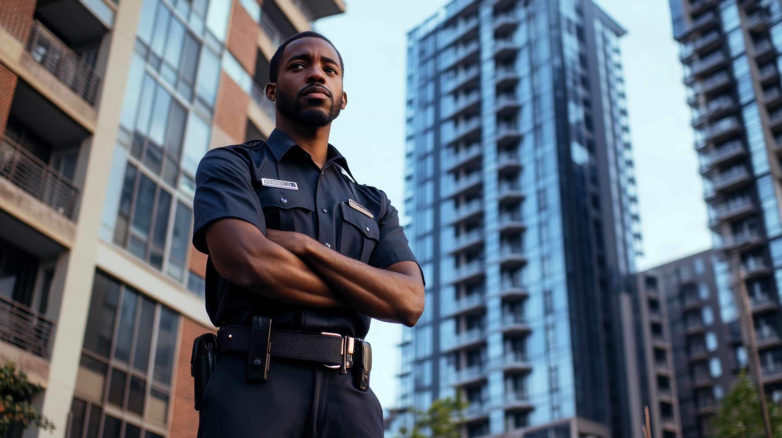 A security guard in uniform stands with arms crossed, looking toward a tall apartment building in the city.